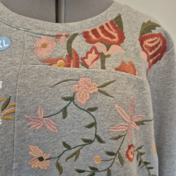 Anthropologie Grey Sweatshirt with Pink & Red Floral Embroidery - Picture 2 of 10